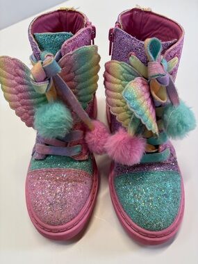 Madmia Glitter Unicorn Butterfly Wing Pom Pom Boots Kids Rainbow Pink Size 2